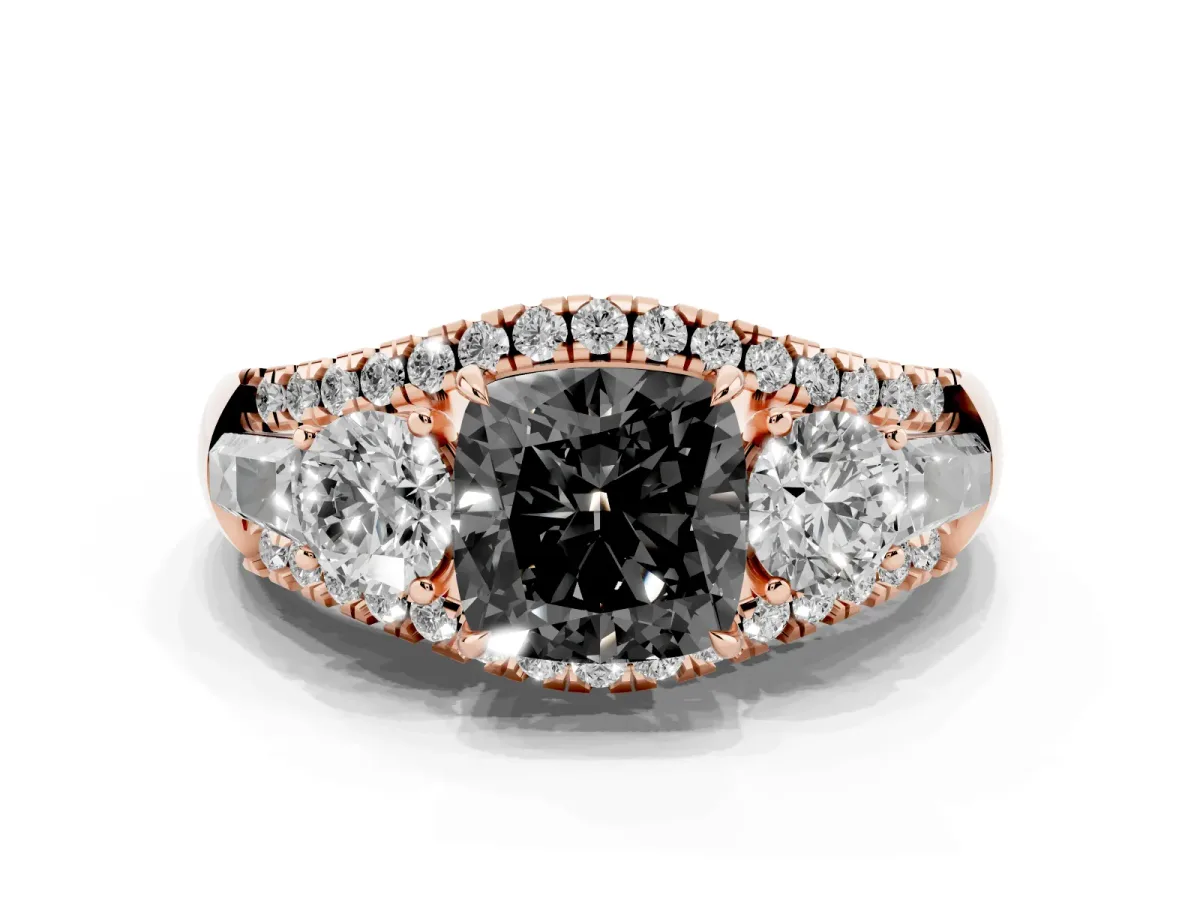 Fancy Black Three-Stone Cushion Cut Diamond Engagement Ring with Pave Band and Prong Setting Rose gold