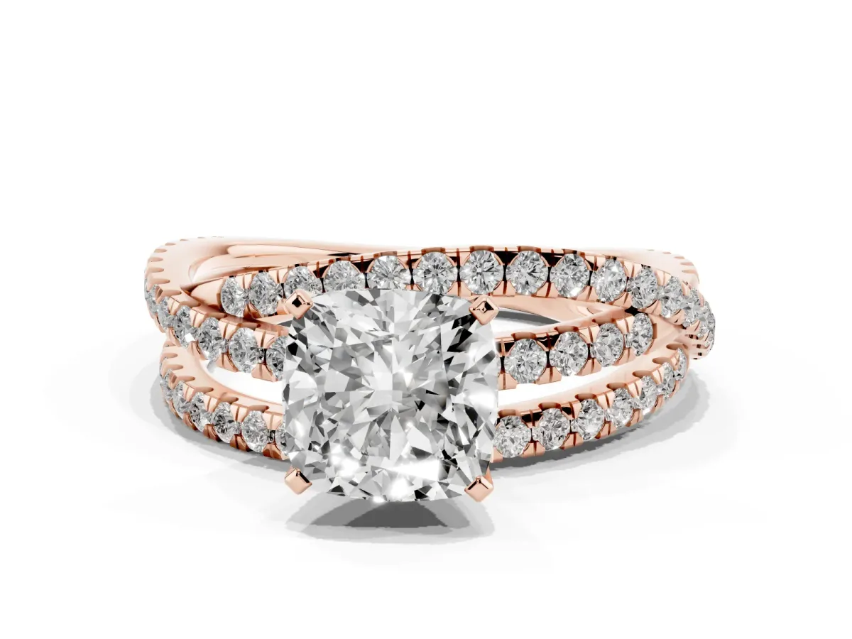 Cushion Cut Solitaire Twist Band with Pavé Setting and Four-Prong Setting Rose gold