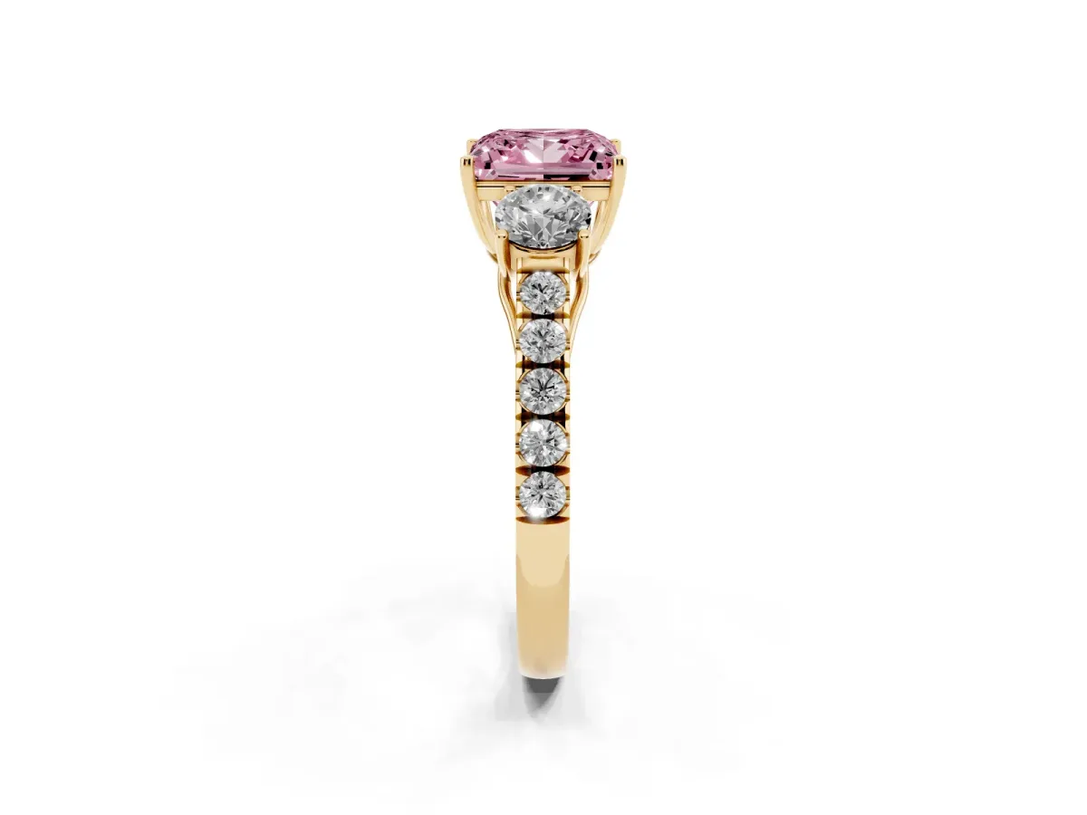 Fancy Pink Princess Cut Cut Diamond Three-Stone Ring with Round Side Stones and Pavé Band Yellow gold