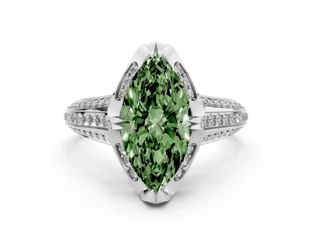 Fancy Green Marquise Cut Solitaire Pave Split Shank Ring with Four-Prong Setting White gold