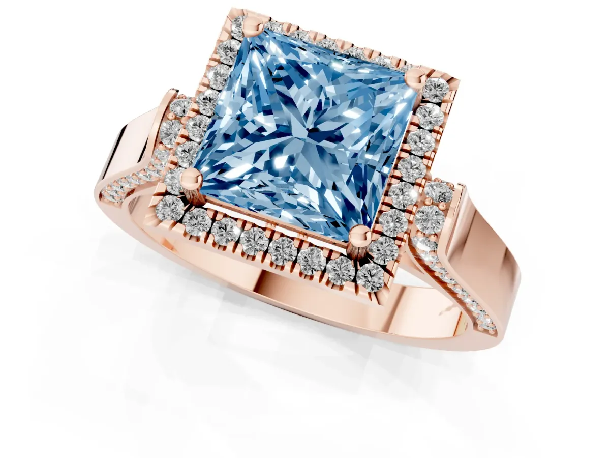 Fancy Blue Princess Cut Halo Round Diamond Twist Band with Four-Prong Setting Rose gold