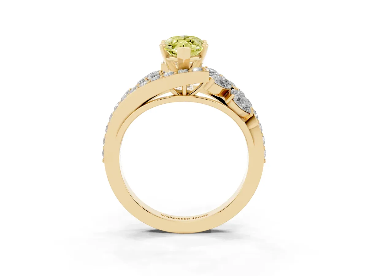 Fancy Yellow Marquise Cut Diamond Halo Ring with Marquise and Pavé Band in Prong Setting Yellow gold