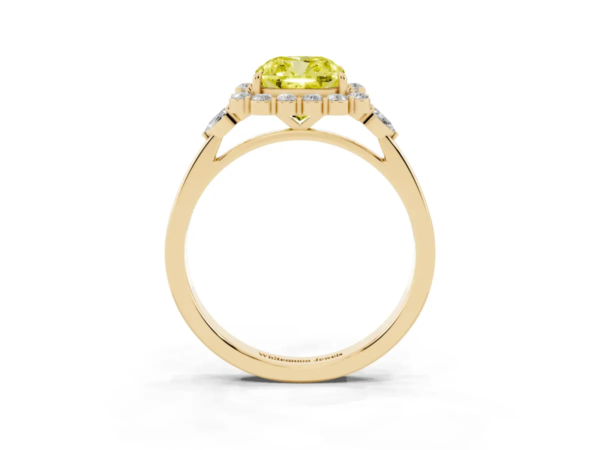 Fancy Yellow Cushion Cut Diamond Halo Ring with Pear Side Stones and Prong Setting Yellow gold