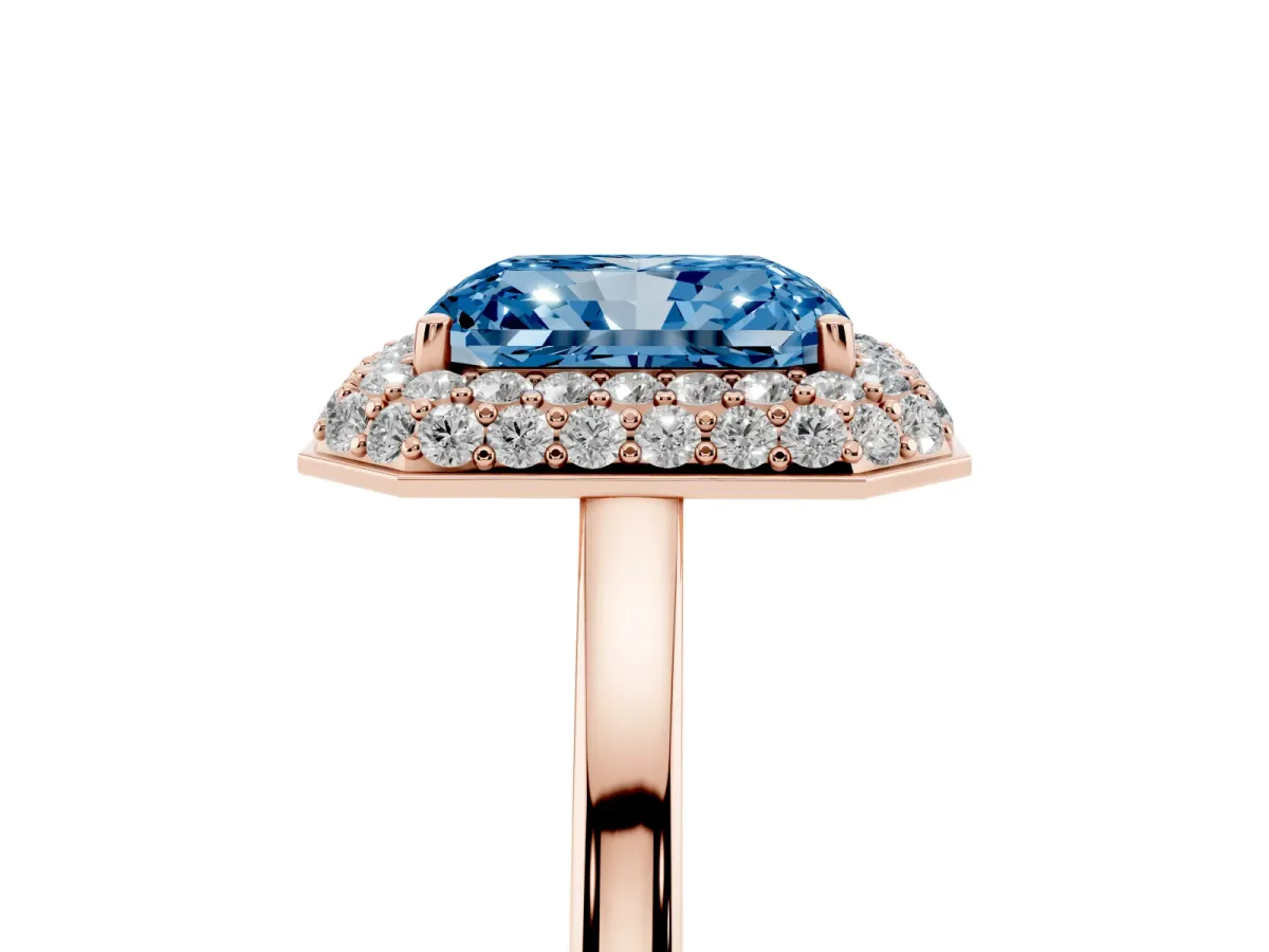 Fancy Blue Radiant Cut Halo Diamond Engagement Ring with Solitaire Band and Four-Prong Setting Rose gold