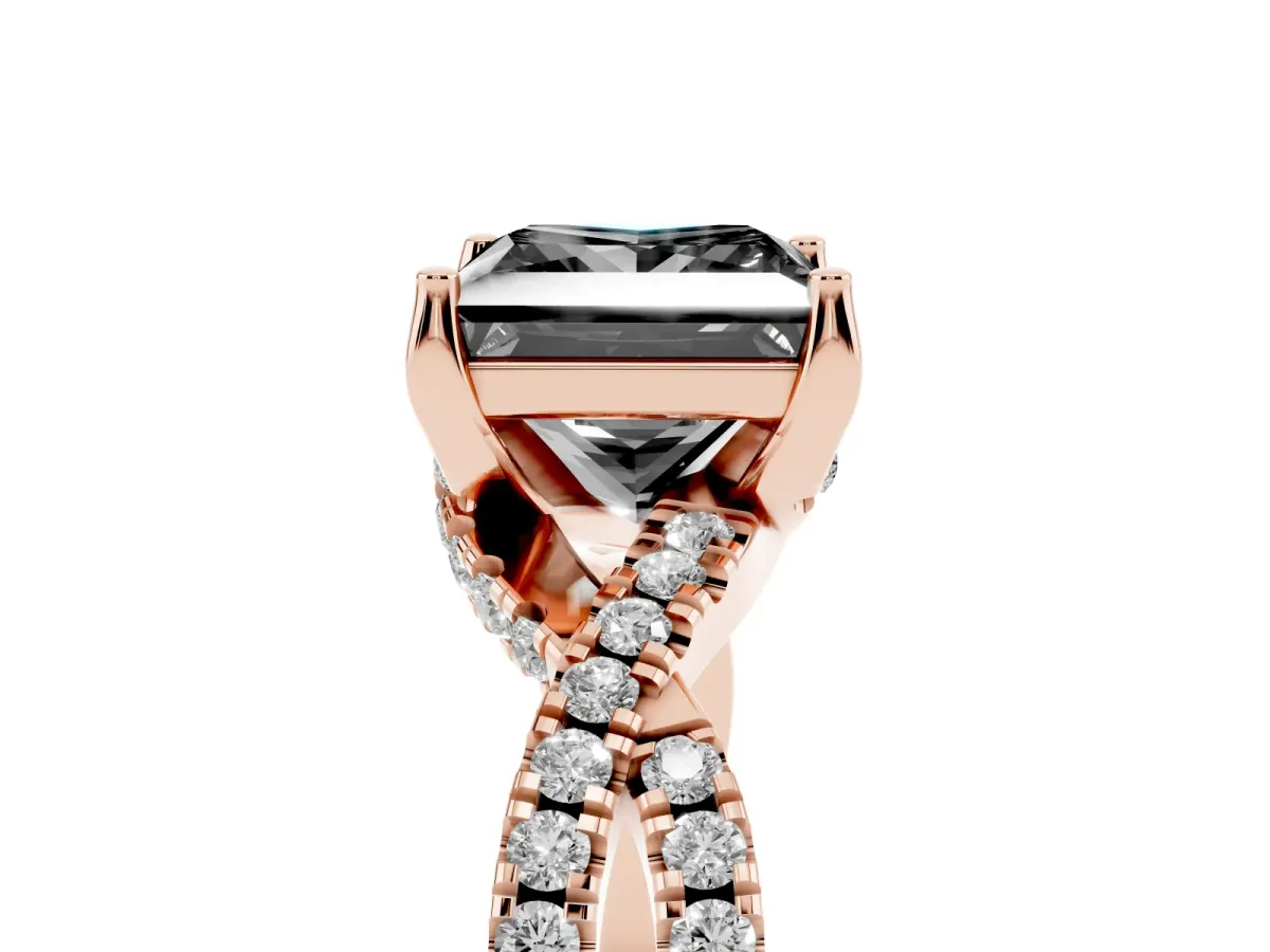 Fancy Black Princess Cut Solitaire Twist Pave Diamond Engagement Ring with Prong Setting Rose gold
