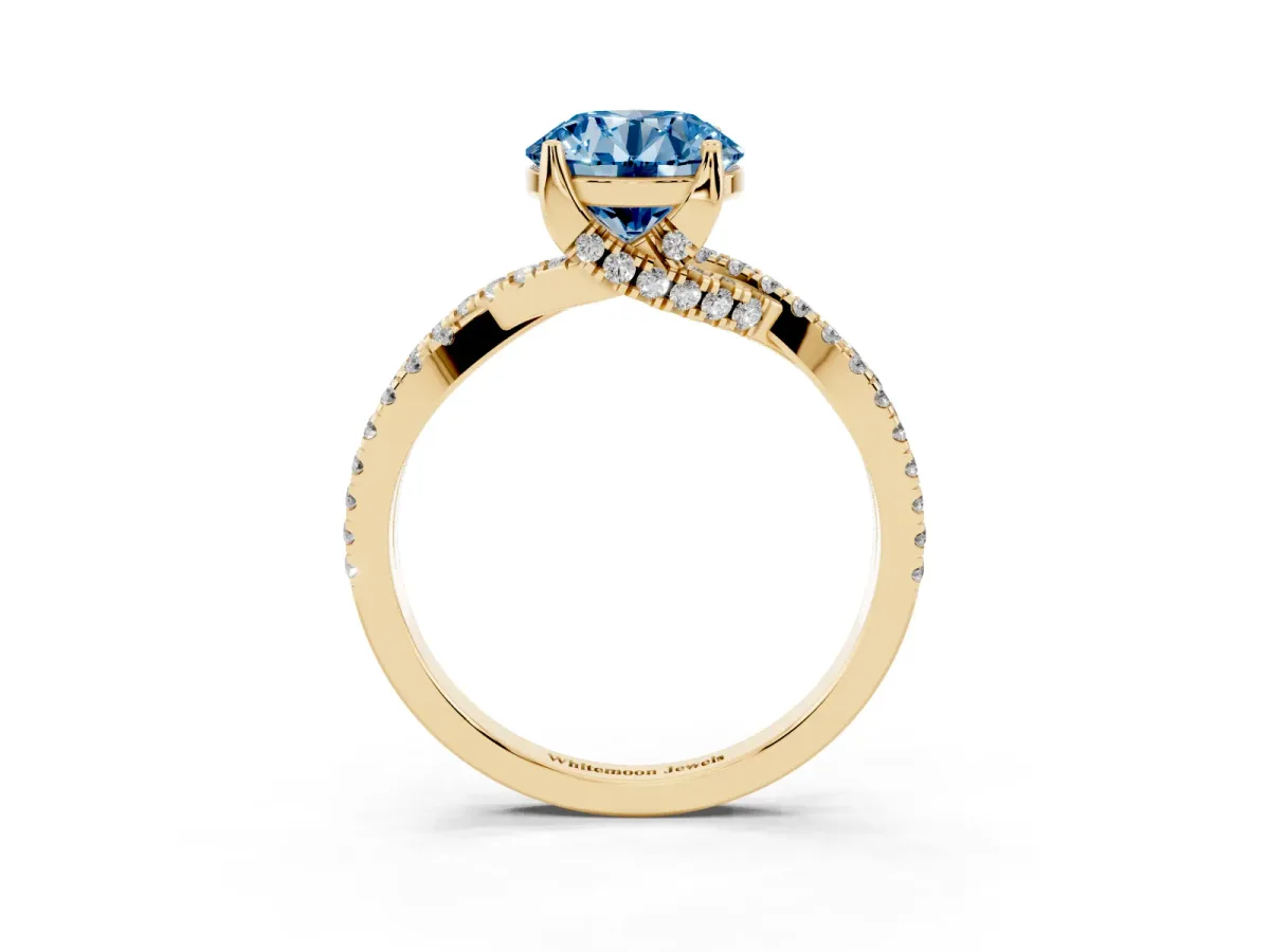 Fancy Blue Round Cut Solitaire Twist Pave Diamond Engagement Ring with Prong Setting Yellow gold