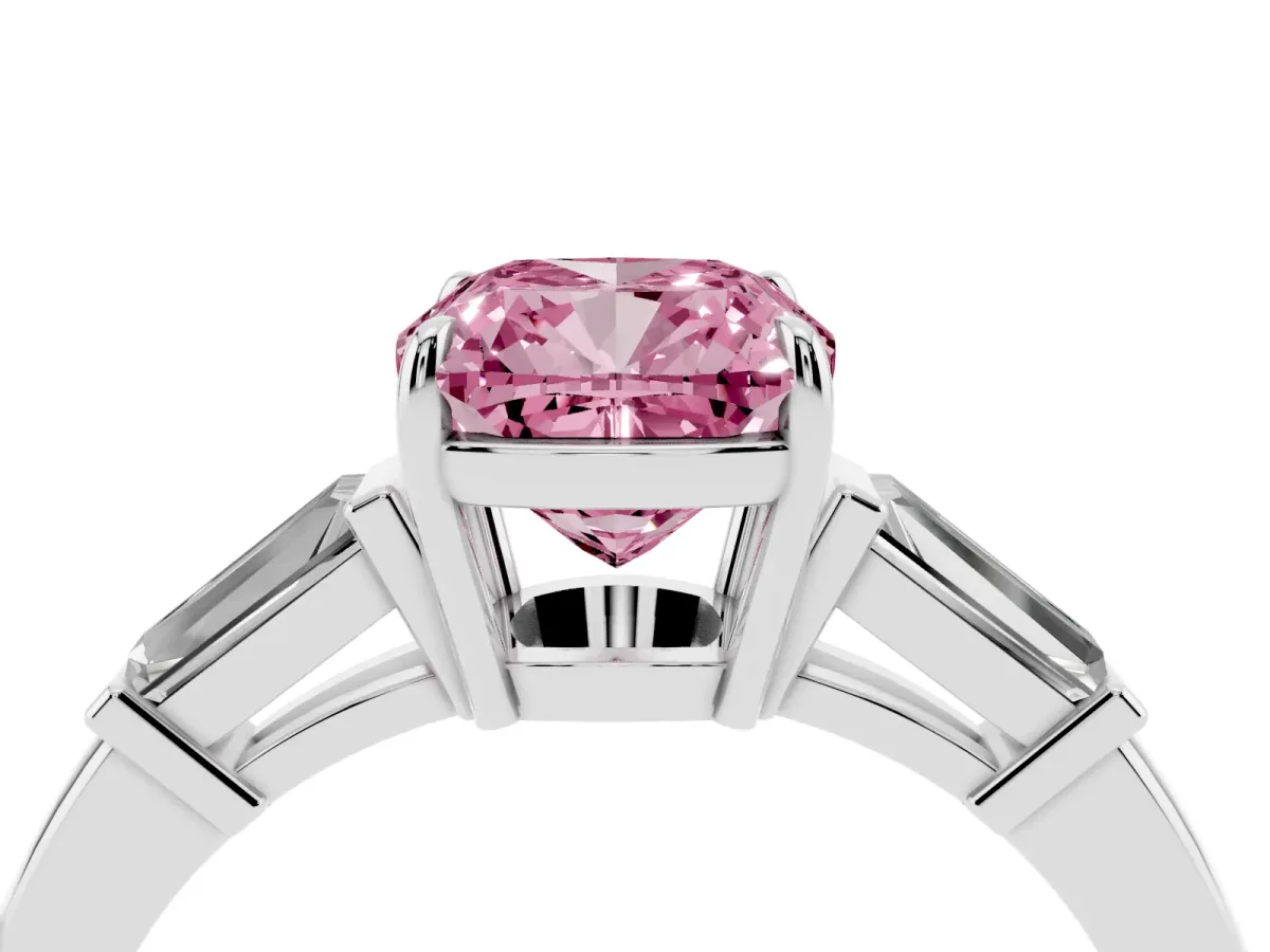 Fancy Pink Cushion Cut Diamond Three-Stone Ring with Tapered Baguette Side Stones and Prong Setting Silver