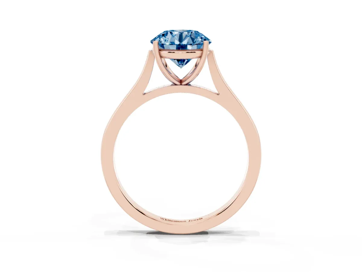 Fancy Blue Round Cut Solitaire Heart Prong Engagement Ring with Tapered Band Rose gold