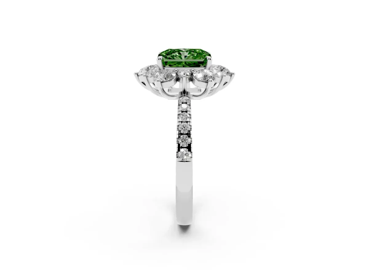 Fancy Green Radiant Cut Diamond Floral Halo Ring with Round Pavé Band and Prong Setting Silver
