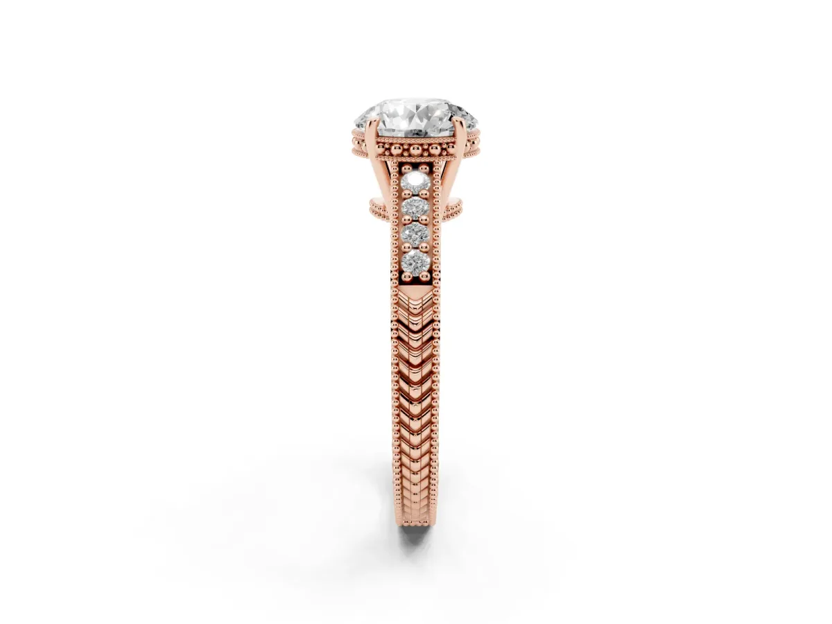 Round Cut Solitaire Pavé Diamond Milgrain Engagement Ring with Four-Prong Setting Rose gold