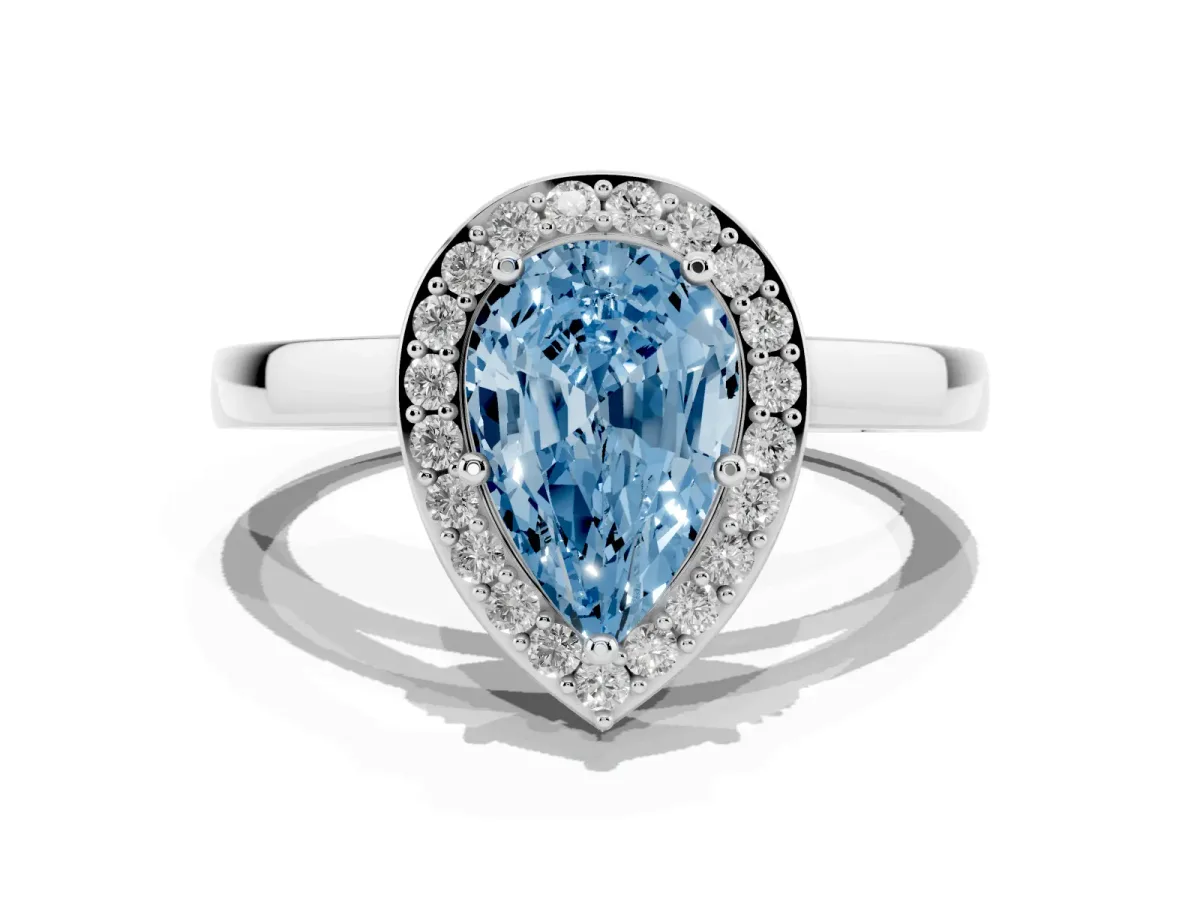 Fancy Blue Pear Cut Halo Diamond Ring with Solitaire Band and Prong Setting Platinum