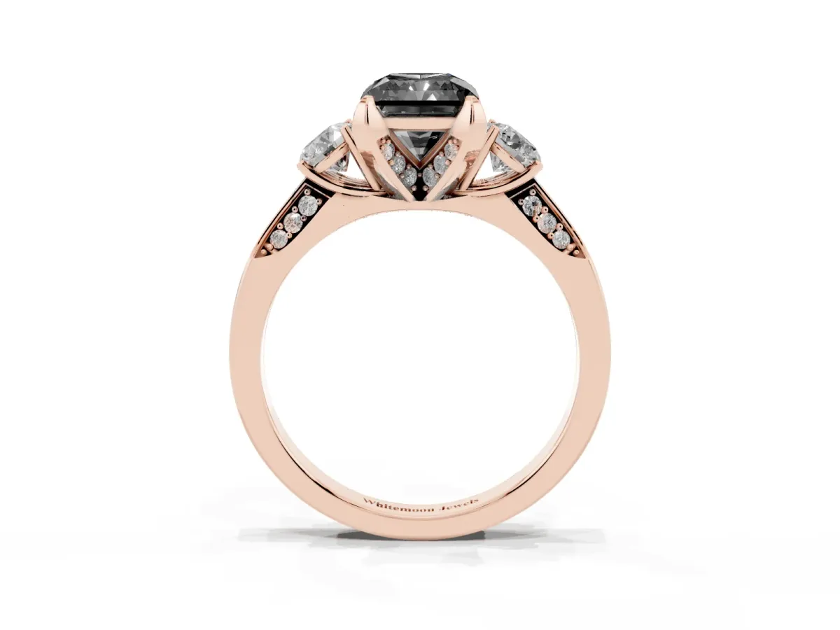 Fancy Black Radiant Cut Brilliant Three-Stone Diamond Ring with Pavé Band and Four-Prong Setting Rose gold