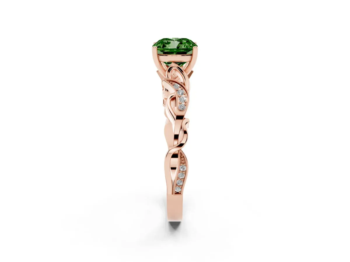 Fancy Green Cushion Cut Solitaire Vine Band with Milgrain Prong Setting Rose gold