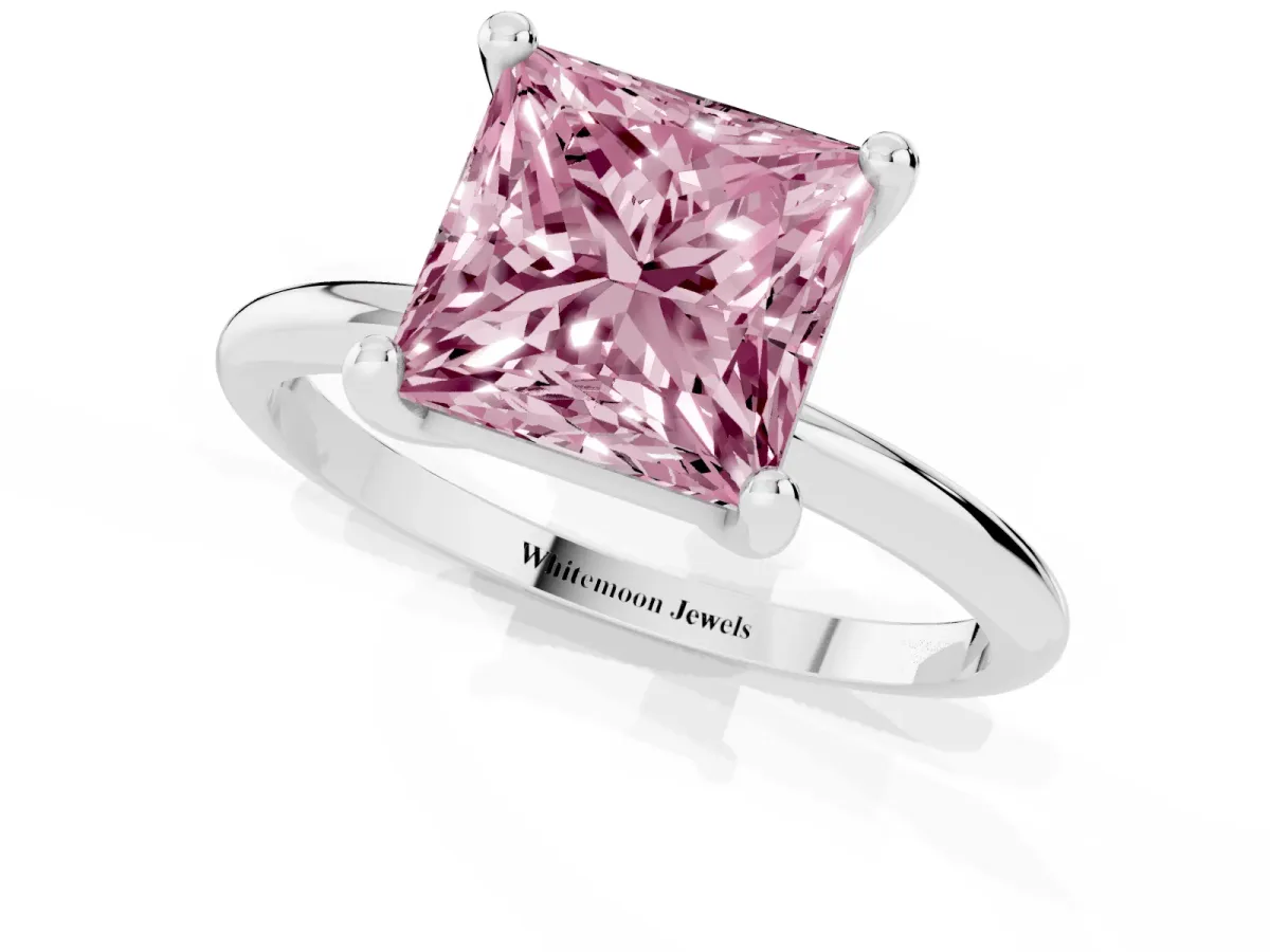 Fancy Pink Princess Cut Solitaire Diamond Ring with 4-Prong Setting on a Classic Band Silver