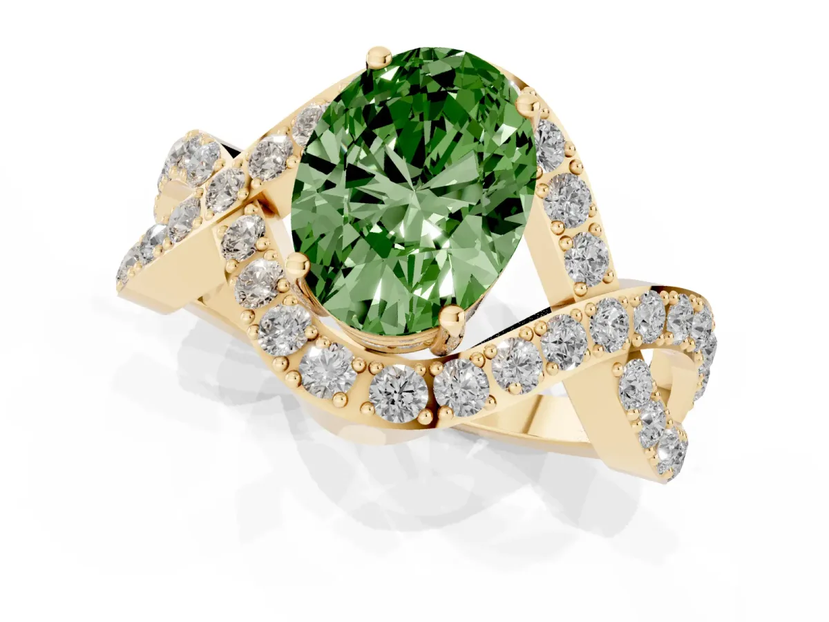 Fancy Green Oval Cut Solitaire Twist Band Pavé Diamond Engagement Ring Yellow gold