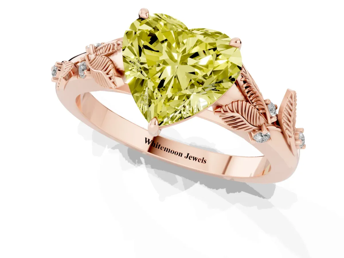 Fancy Yellow Heart Cut Diamond Solitaire Ring with Leaf Motif Band and Four-Prong Setting Rose gold