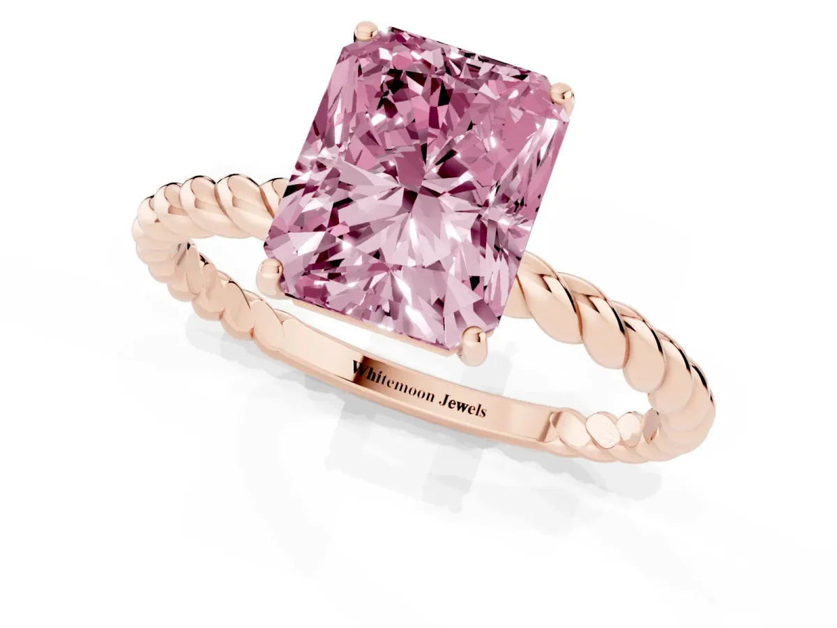 Fancy Pink Radiant Cut Solitaire Twist Band Ring with Four-Prong Setting Rose gold