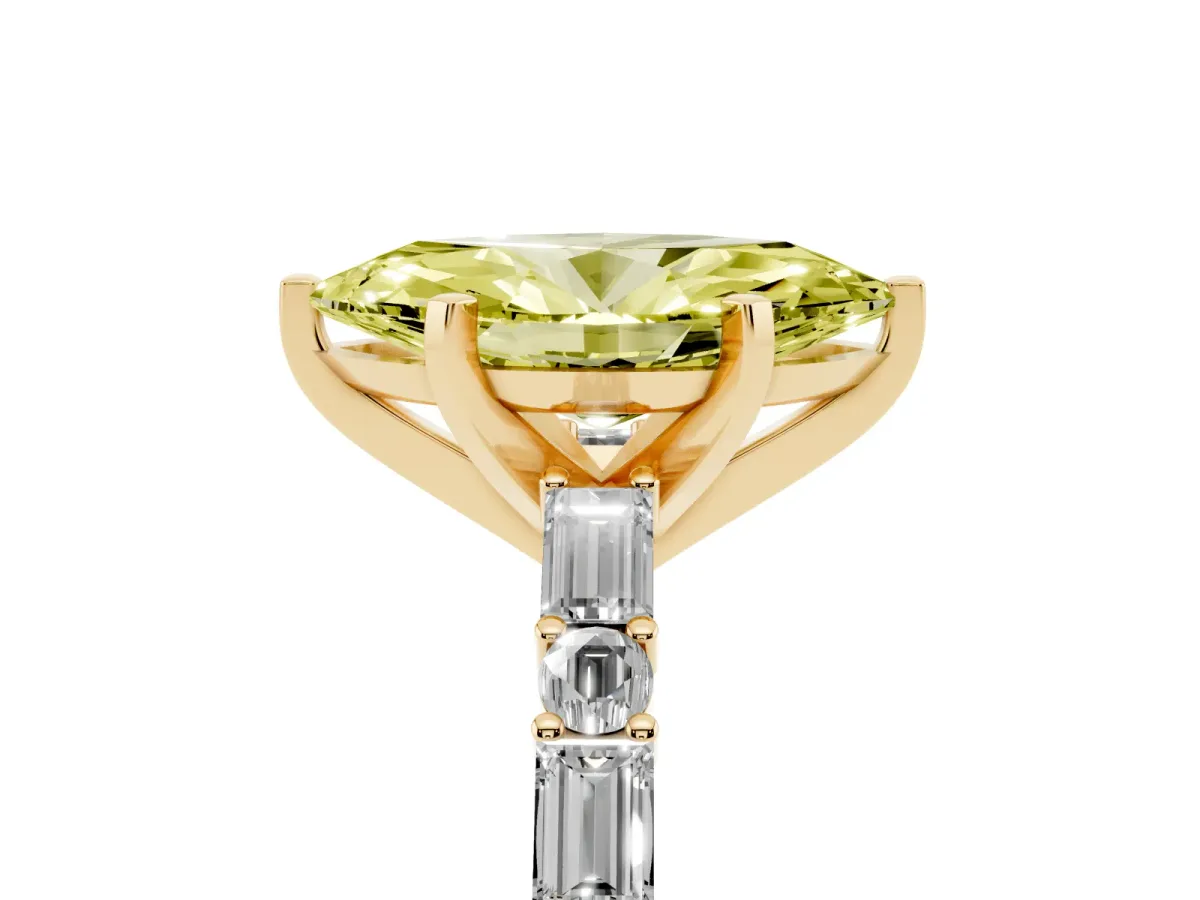Fancy Yellow Marquise Cut Diamond Solitaire with Side Baguettes and Channel Set Band Yellow gold