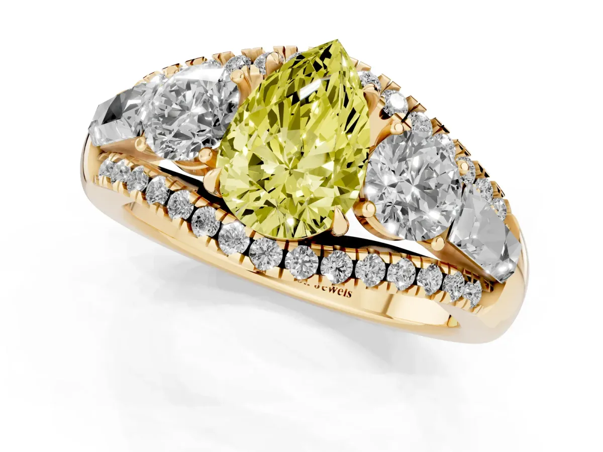 Fancy Yellow Three-Stone Pear Cut Diamond Engagement Ring with Pave Band and Prong Setting Yellow gold