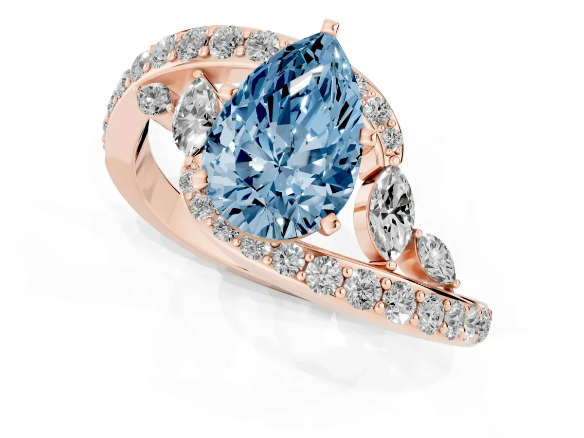 Fancy Blue Pear Cut Solitaire with Pavé Twist Band and Four-Prong Setting Rose gold
