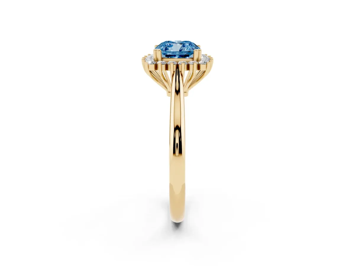 Fancy Blue Cushion Cut Cut Diamond Halo Ring with Solitaire Band and Prong Setting Yellow gold