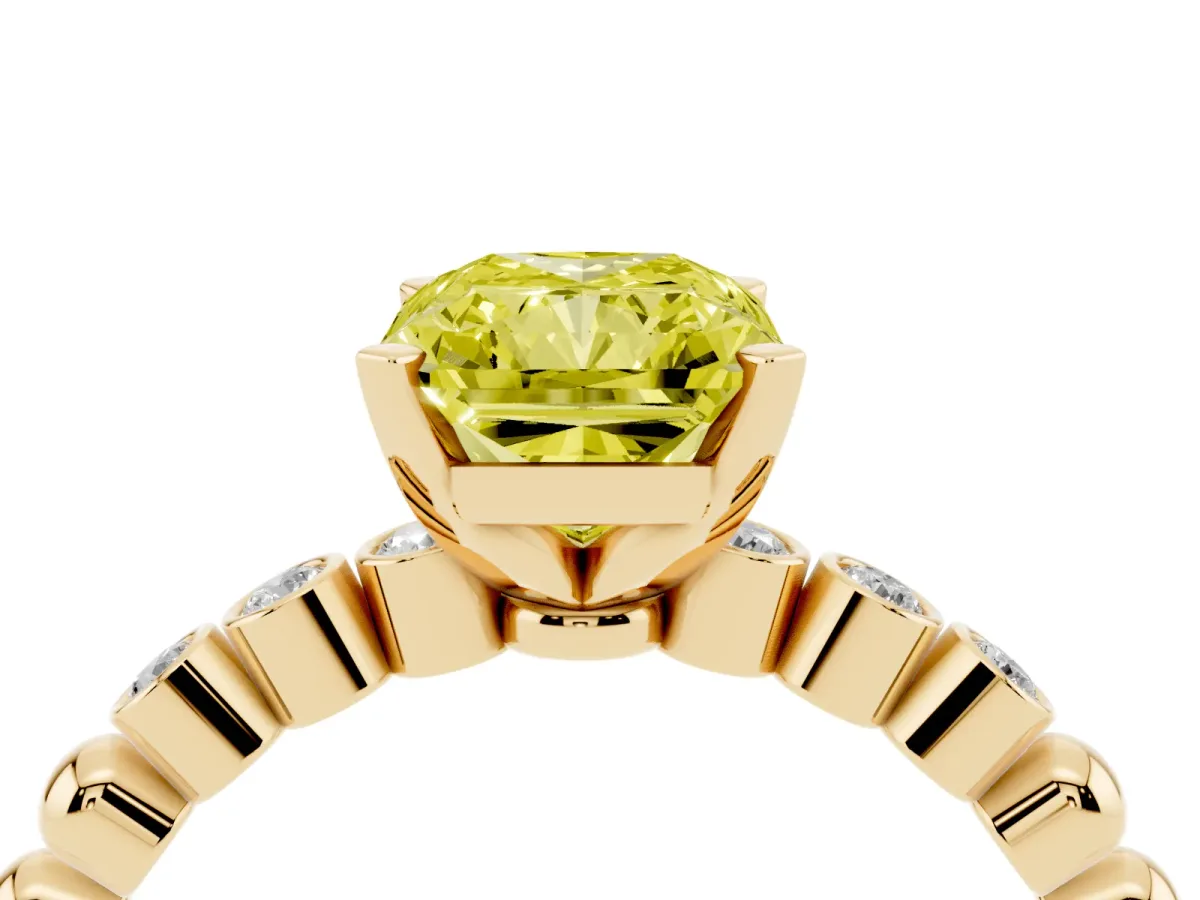 Fancy Yellow Radiant Cut Solitaire Bezel Accent Diamond Engagement Ring with Beaded Band and Four-Prong Setting Yellow gold