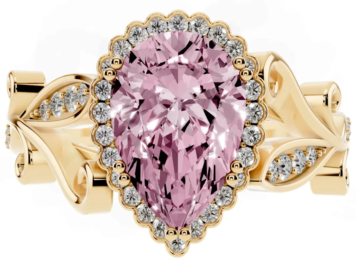 Fancy Pink Pear Cut Diamond Halo Ring with Vintage Split Shank and Four-Prong Setting Yellow gold