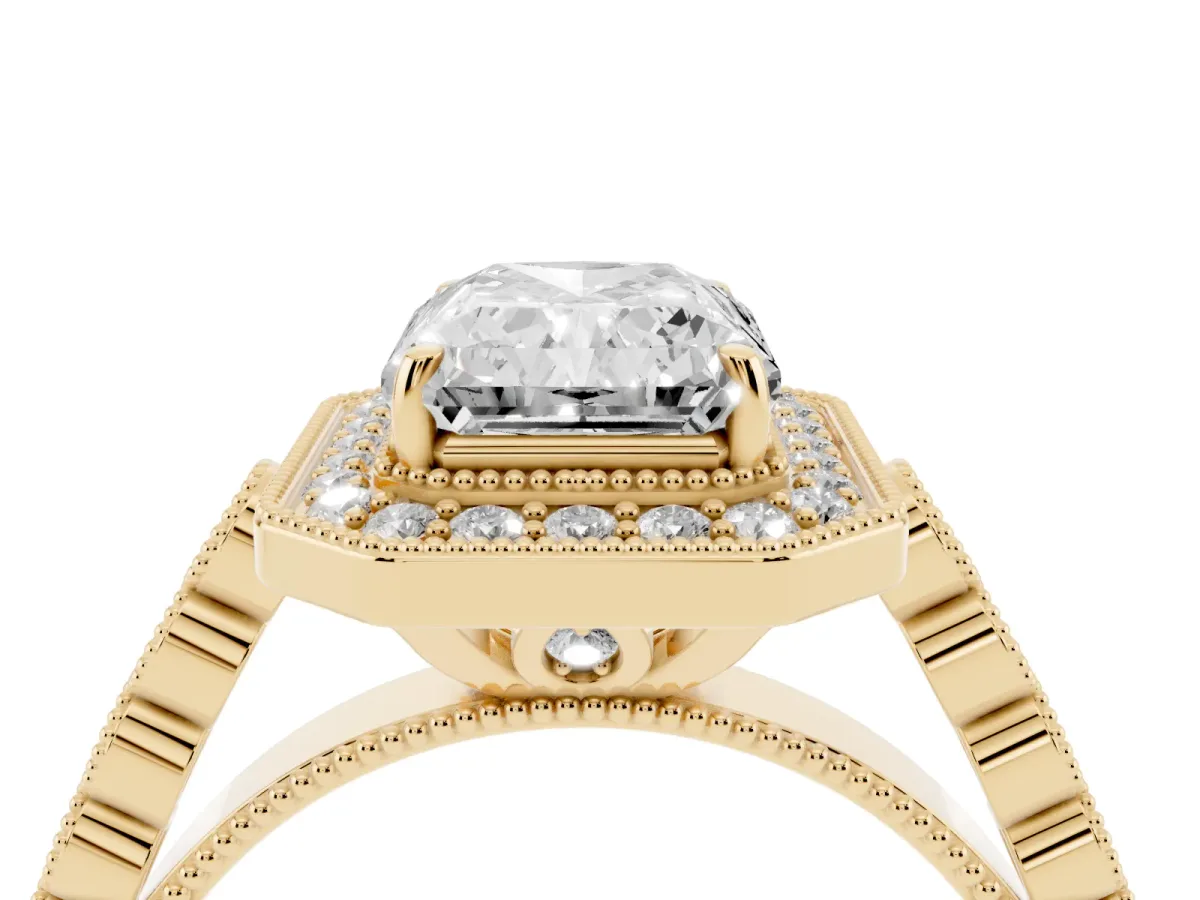 Radiant Cut Halo Milgrain Solitaire with Bezel Set Side Stones and Pave Band Yellow gold