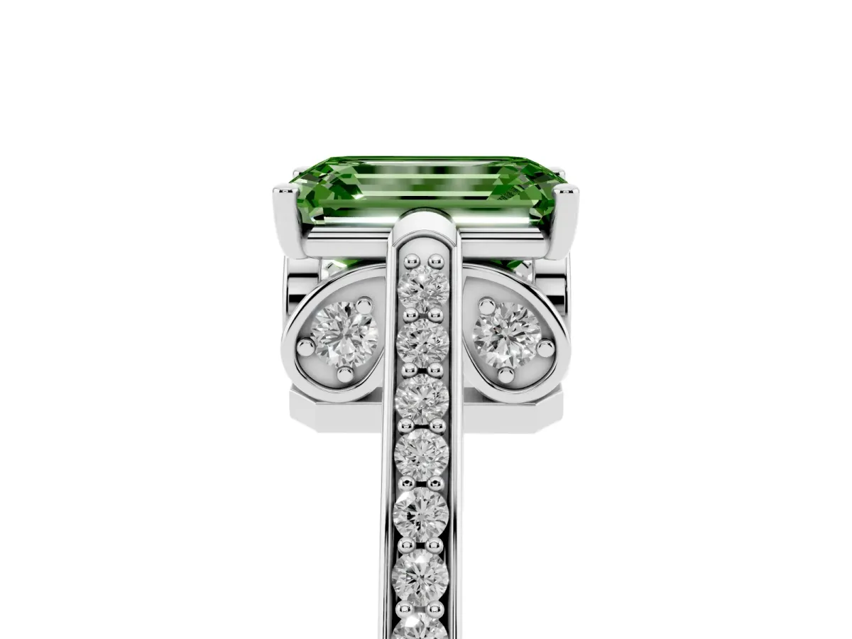 Fancy Green Emerald Cut Cut Cathedral Pave Diamond Engagement Ring with Six-Prong Setting Silver