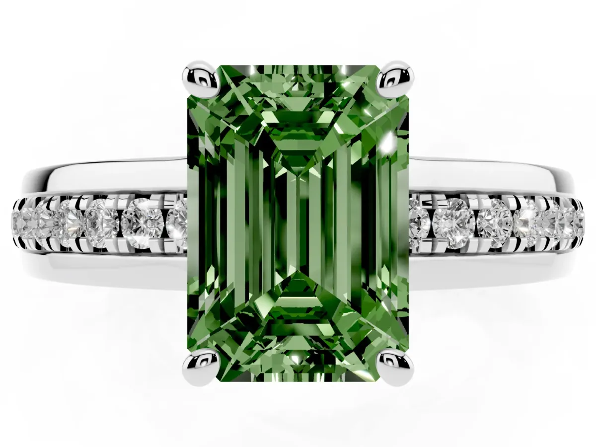 Fancy Green Emerald Cut Solitaire Diamond Ring with Channel Set Band and Six-Prong Setting Silver