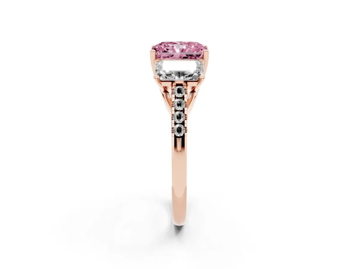 Fancy Pink Three-Stone Radiant Cut Diamond Ring with Round Pavé Band and Prong Setting Rose gold