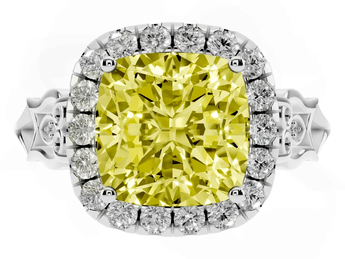 Fancy Yellow Cushion Cut Halo Diamond Engagement Ring with Filigree Band and Four-Prong Setting White gold