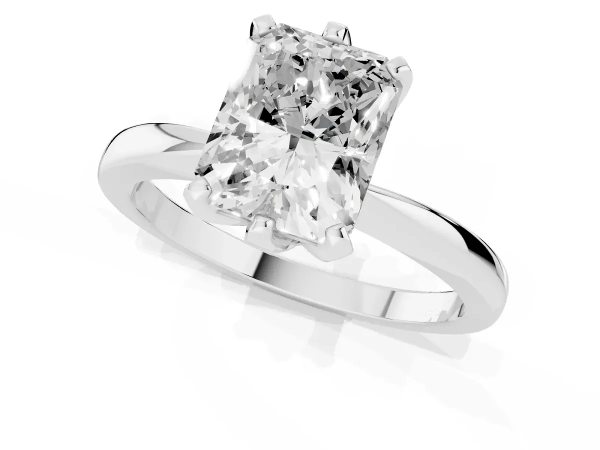 Radiant Cut Solitaire Engagement Ring with Six-Prong Setting and Tapered Band Silver