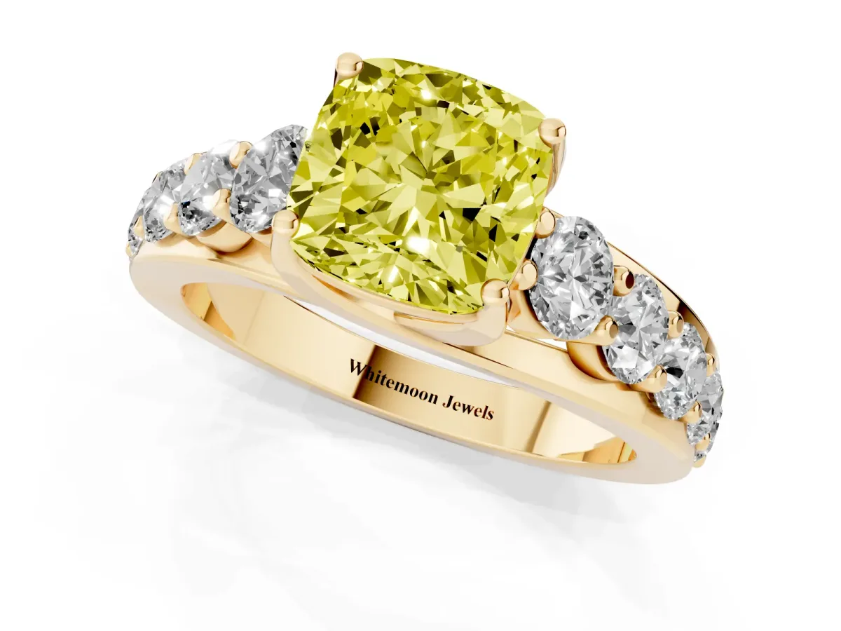 Fancy Yellow Cushion Cut Diamond Engagement Ring with Pavé Band and Four-Prong Setting Yellow gold