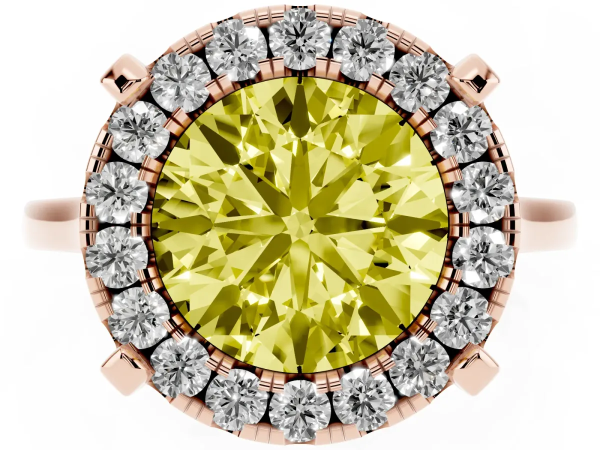 Fancy Yellow Round Cut Diamond Cluster Halo Solitaire with Four-Prong Setting Rose gold