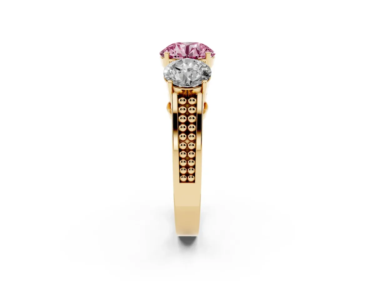 Fancy Pink Round Cut Diamond Three-Stone Ring with Prong Setting and Textured Band Yellow gold