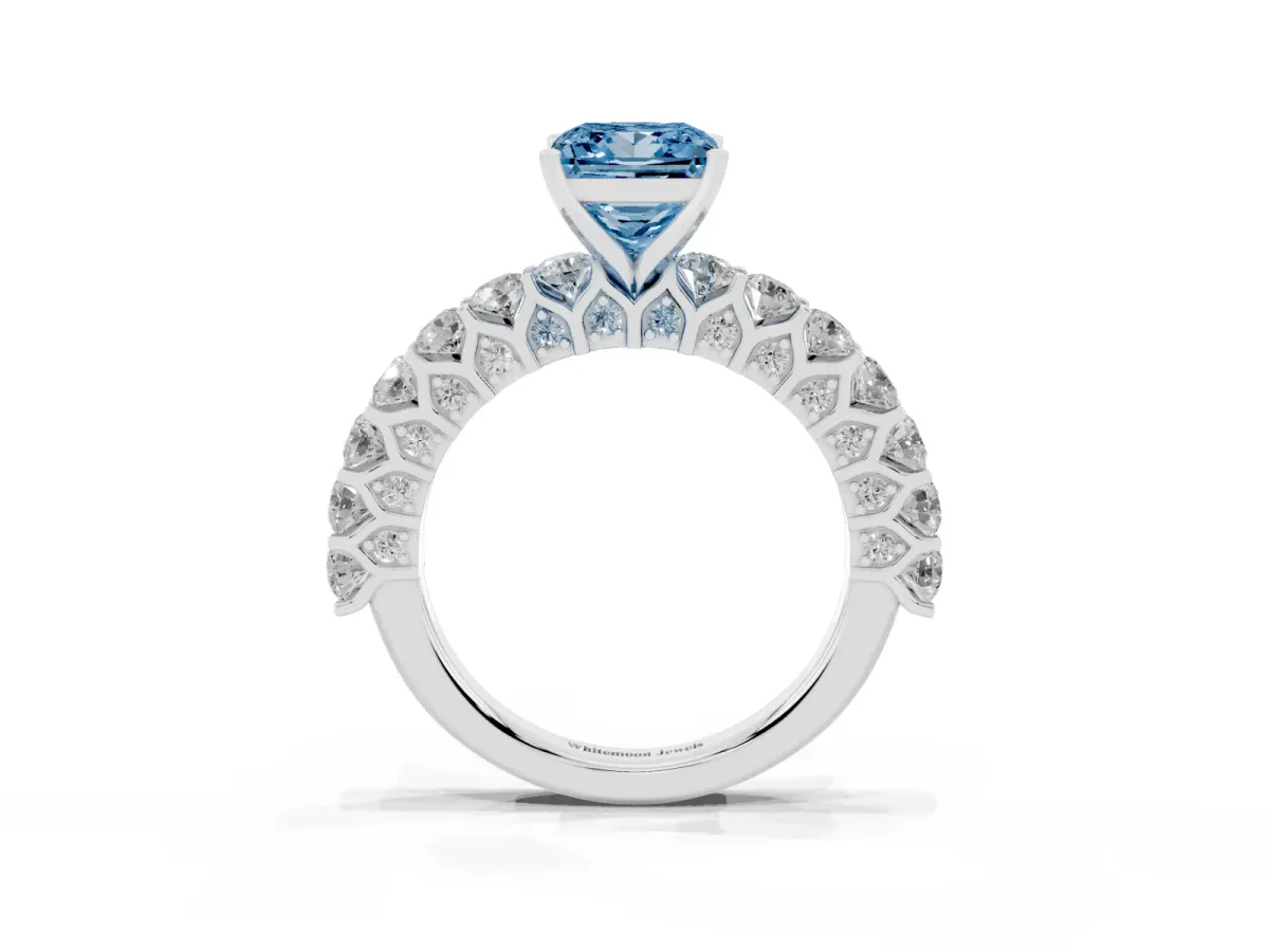 Fancy Blue Princess Cut Diamond Solitaire Ring with Shared Prong Pavé Band and Four-Prong Setting Silver