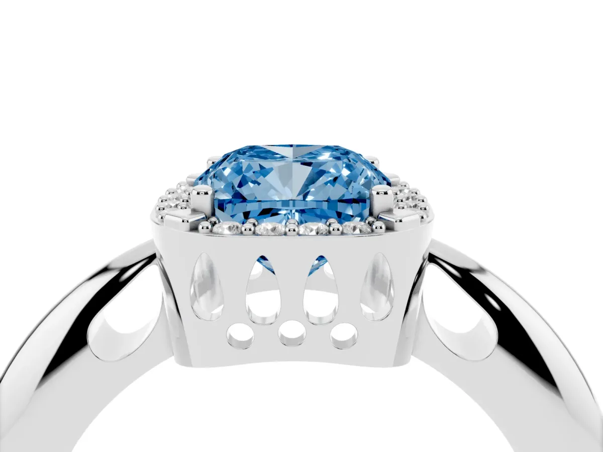 Fancy Blue Cushion Cut Cut Diamond Halo Engagement Ring with Split Shank and Four-Prong Setting Silver