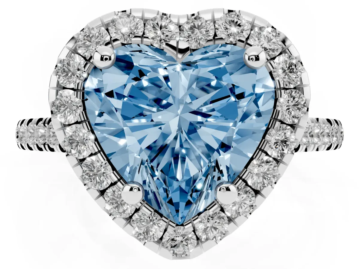 Fancy Blue Heart Cut Diamond Cushion Halo Ring with Pavé Band Silver
