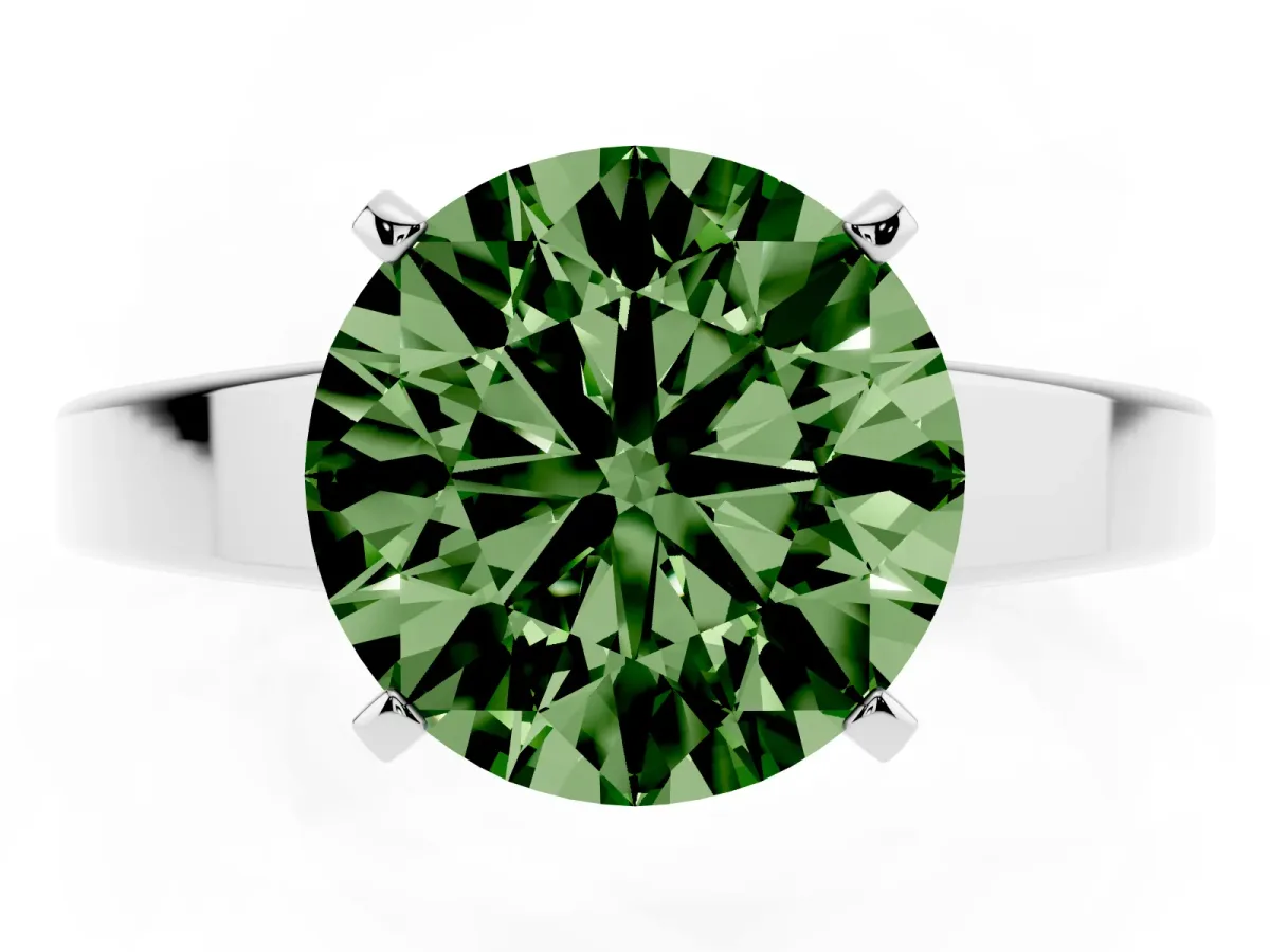 Fancy Green Round Cut Solitaire Engagement Ring with Four-Prong Setting and Tapered Band White gold