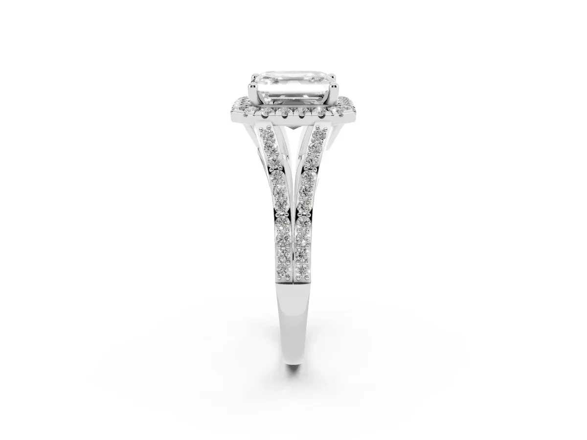 Asscher Cut Halo Split Shank Diamond Ring with Prong Setting Platinum