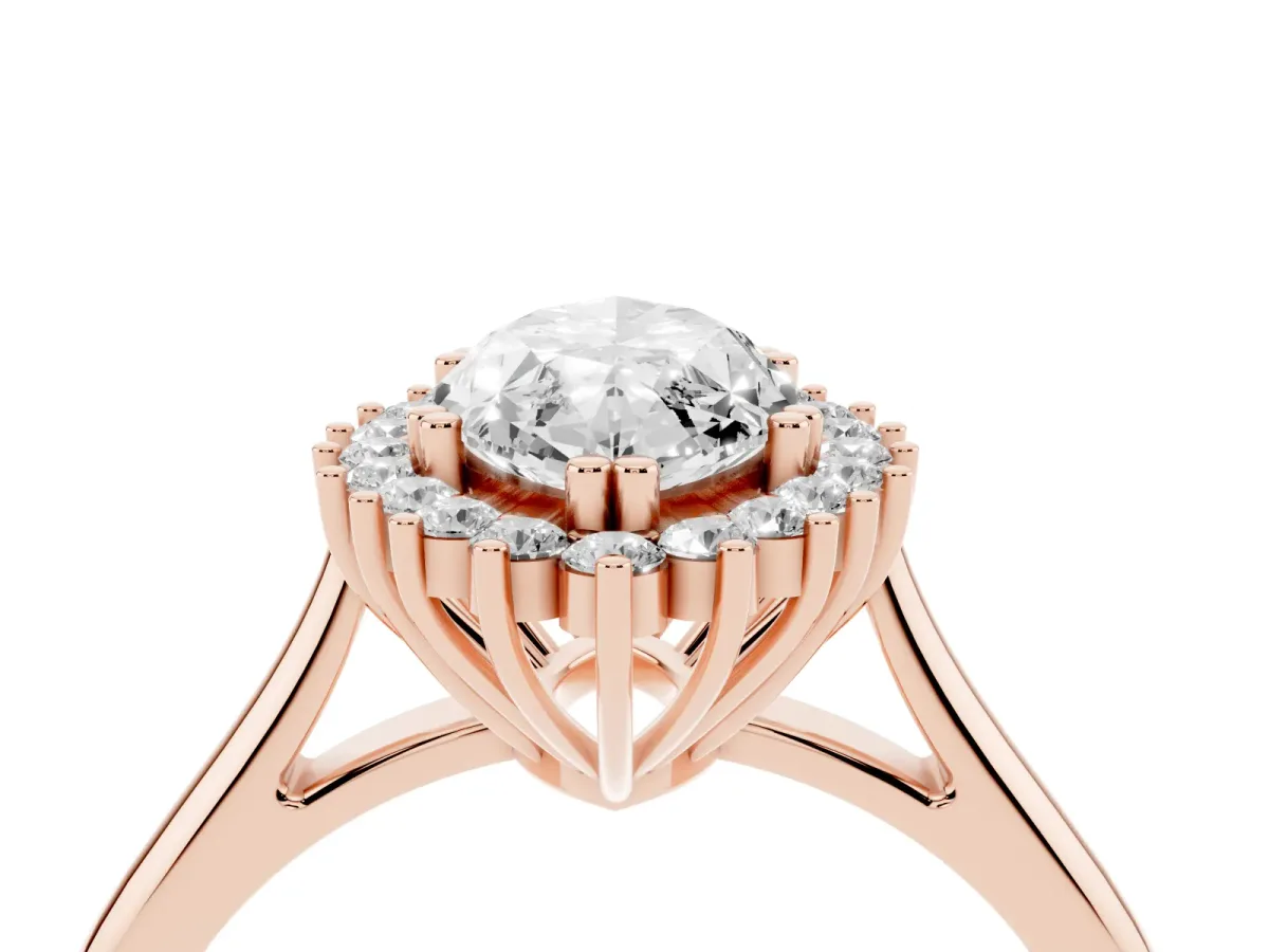 Marquise Cut Cut Diamond Halo Ring with Solitaire Band and Prong Setting Rose gold