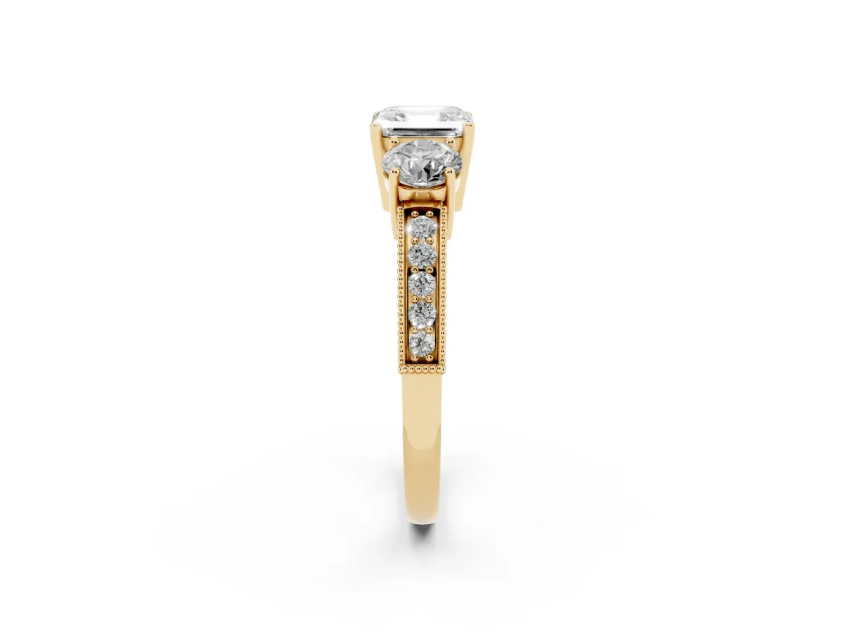 Asscher Cut Three-Stone Diamond Ring with Pavé Band and Four-Prong Setting Yellow gold