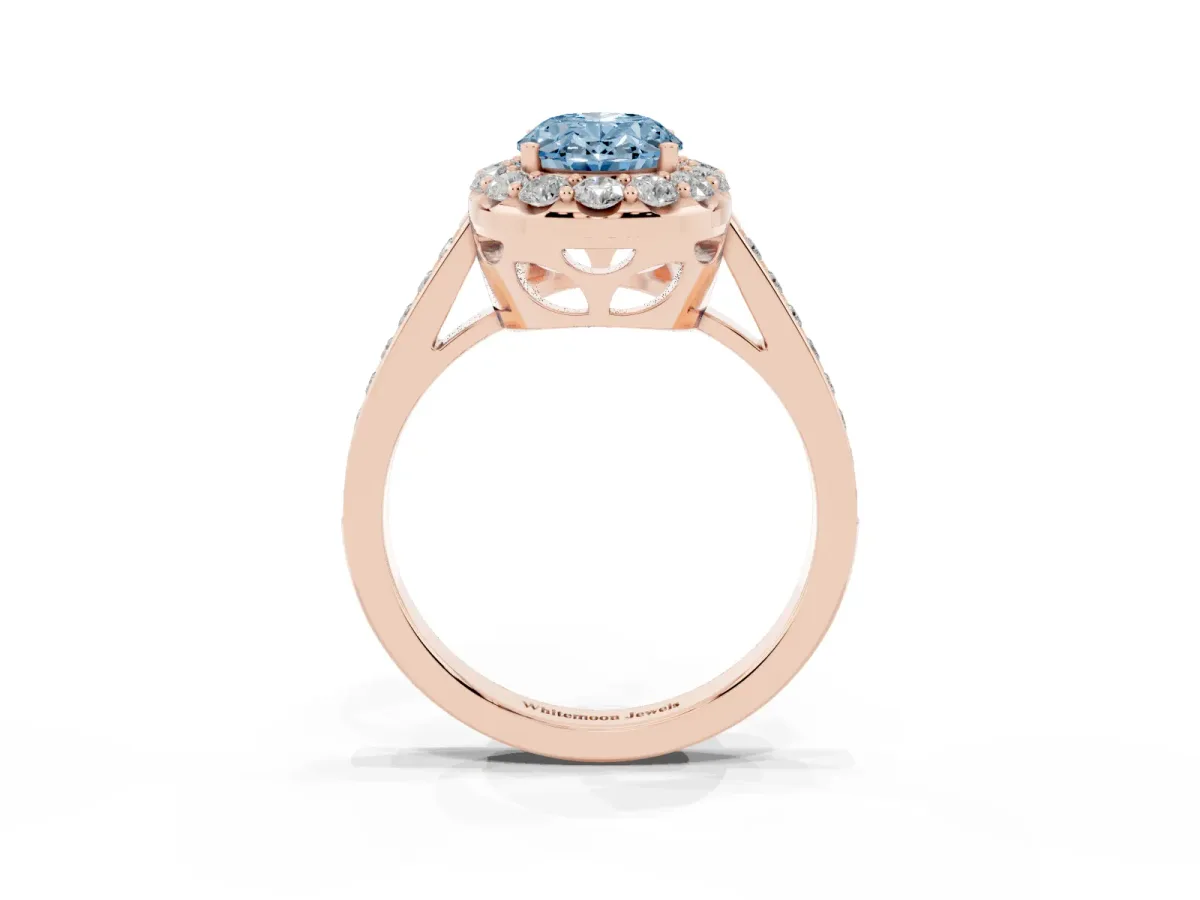 Fancy Blue Oval Cut Diamond Floral Halo Ring with Pavé Band and Prong Setting Rose gold