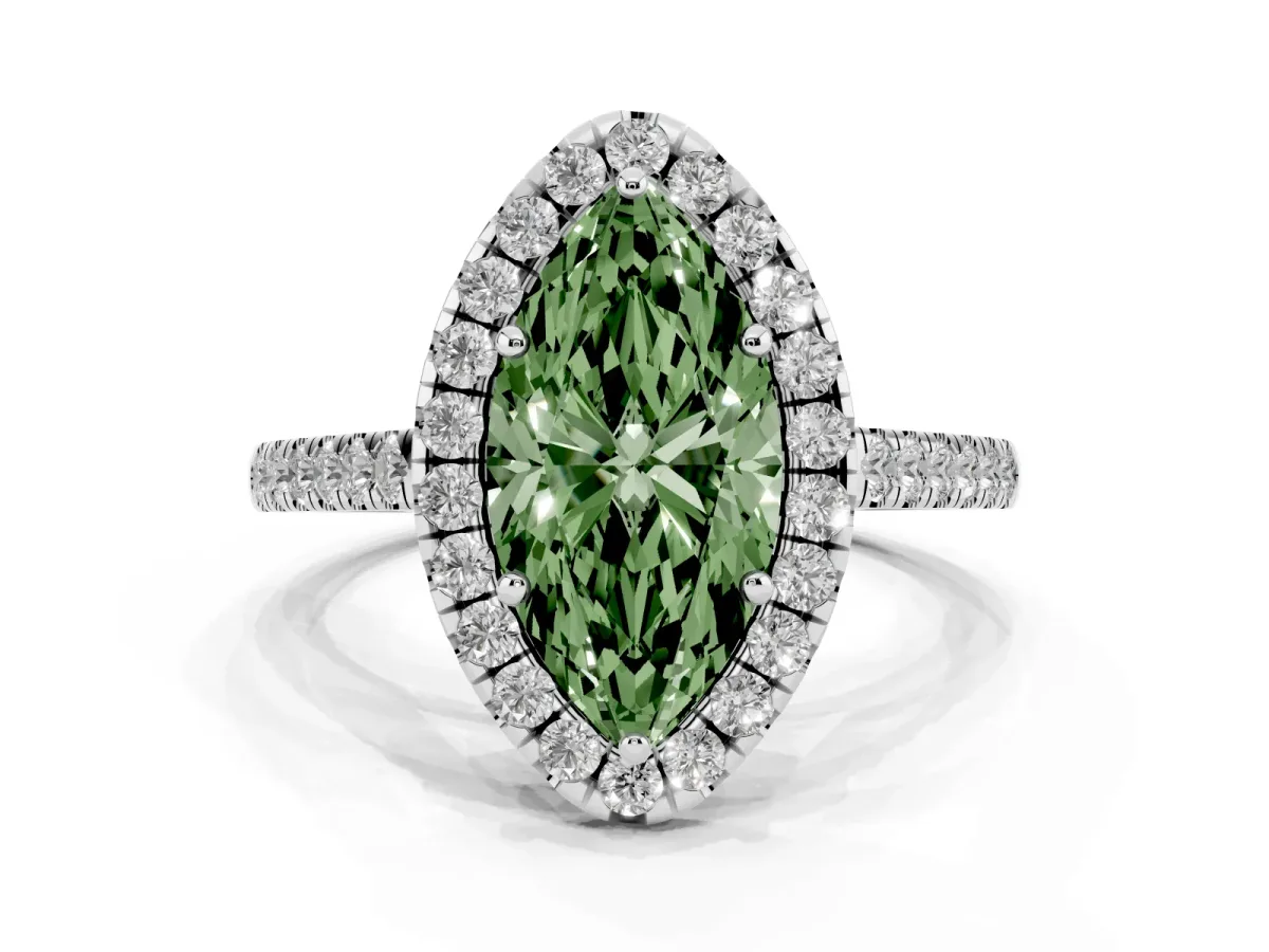 Fancy Green Marquise Cut Halo Pave Diamond Engagement Ring with Four-Prong Setting Silver