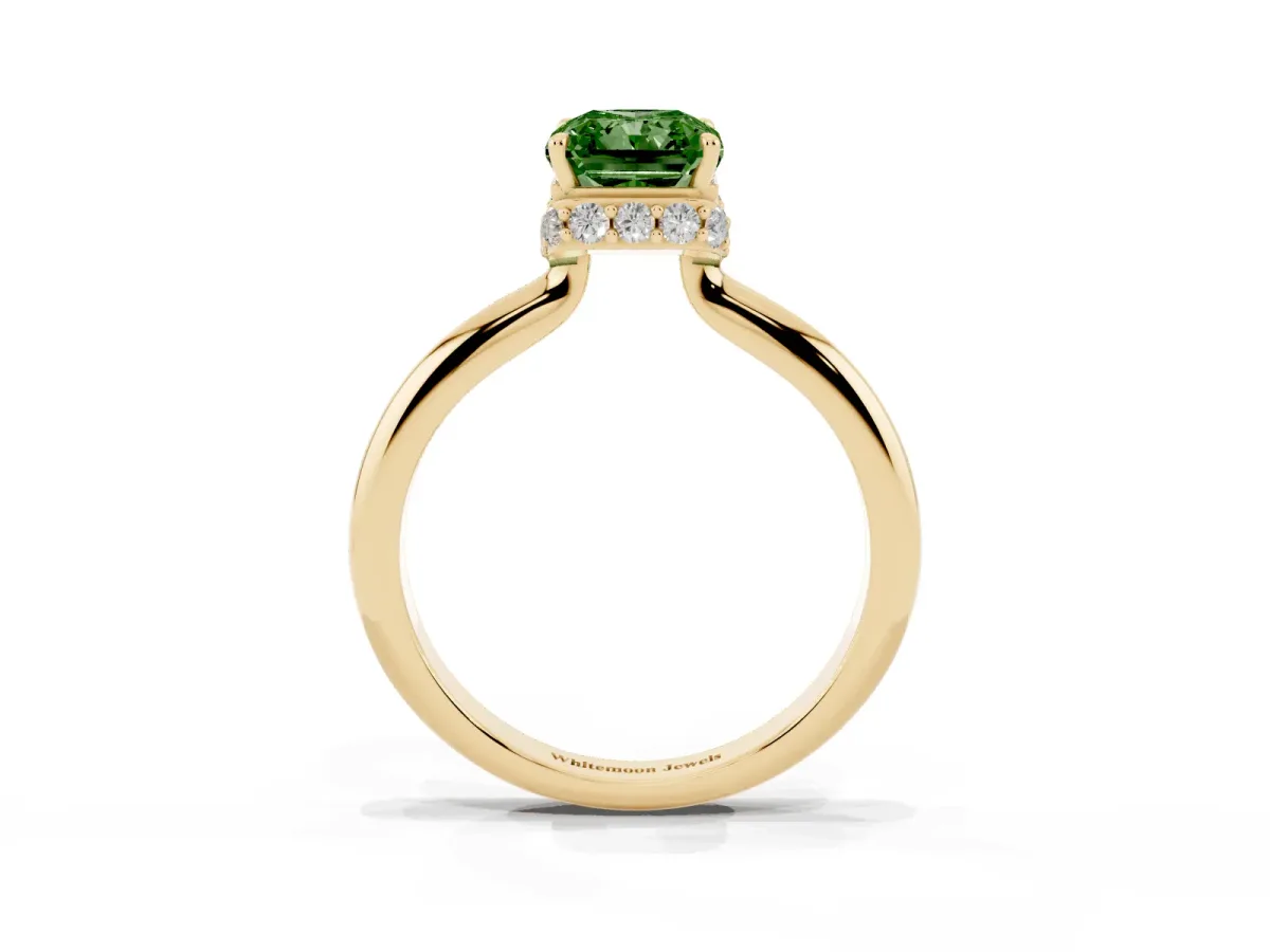 Fancy Green Radiant Cut Brilliant Solitaire Engagement Ring with Six-Prong Setting and Classic Band Yellow gold