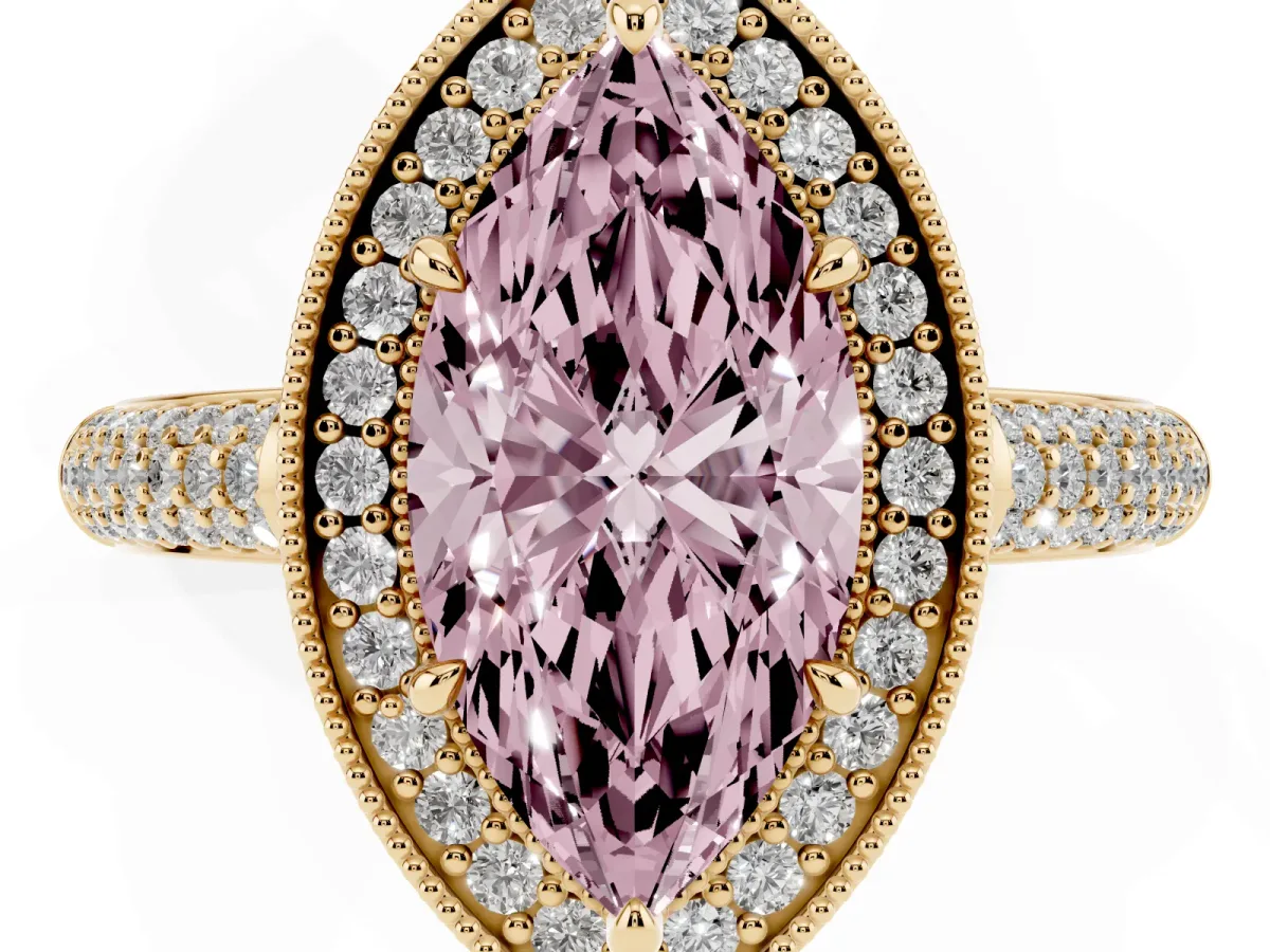 Fancy Pink Marquise Cut Cut Halo Diamond Pave Band with Four-Prong Setting Yellow gold