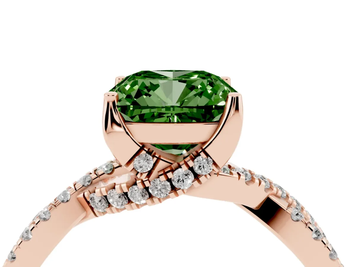 Fancy Green Cushion Cut Solitaire Twist Pave Diamond Engagement Ring with Prong Setting Rose gold