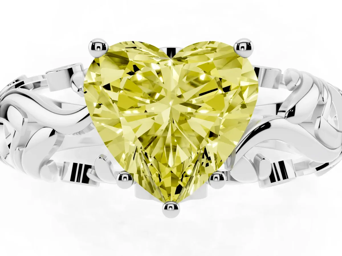 Fancy Yellow Heart Cut Solitaire Diamond Leaf-Inspired Vine Band Ring with Prong Setting Silver