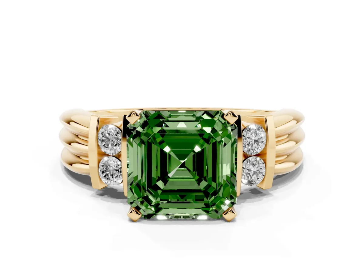Fancy Green Asscher Cut Cut Three-Stone Channel Set Ring with Bar Prongs Yellow gold